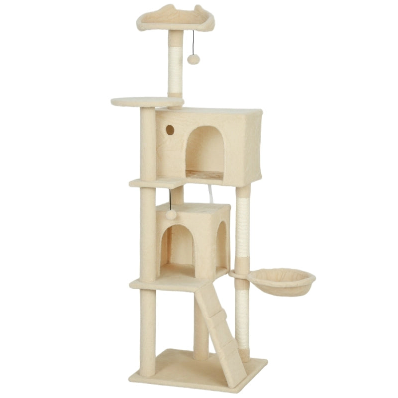 Albero tiragraffi per gatti 160 cm con amaca, scala, cuccia e sisal, beige