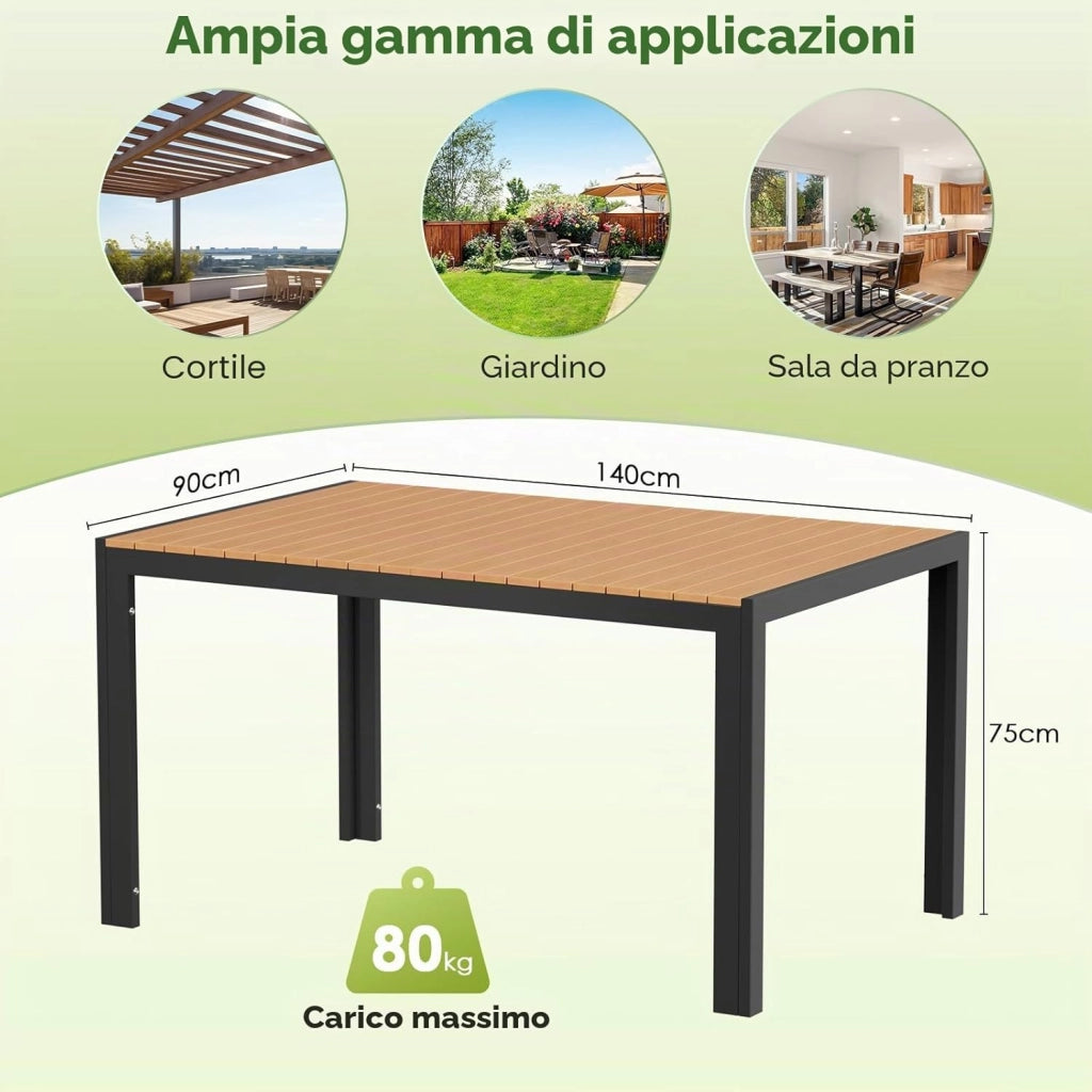 Tavolo da giardino grande, resistente alle intemperie, 140 x 90 x 75 cm, in alluminio, con piano in WPC, tavolo da pranzo rettangolare, per 6 persone, robusto giardino, terrazza, balcone