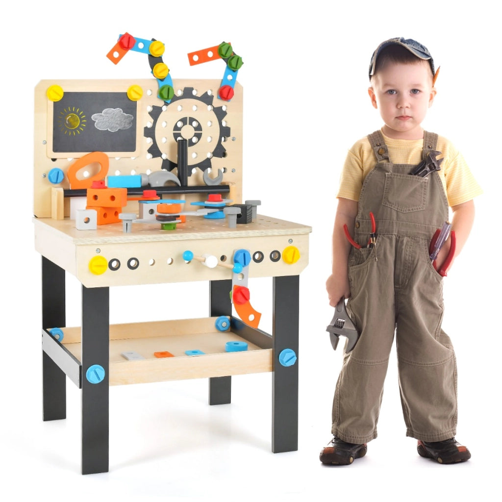 Banco degli attrezzi per bambini con set attrezzi e accessori realistici lavagna aggiuntiva, Banco da lavoro-Giocattoli educativi
