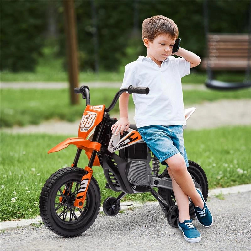 MOTO ELETTRICA PER BAMBINI CON ROTELLE RIMOVIBILI, SOSPENSIONI, SUONI E INDICATORE DI CARICA, ARANCIONE