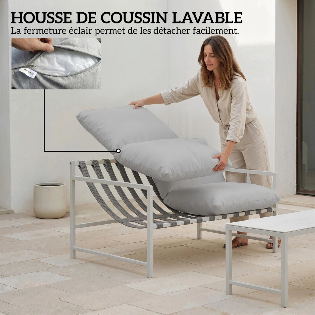 Divano 2 posti con cuscini e tavolo basso in vetro ¨C zephmum ¨C grigio chiaro 125x80x64cm