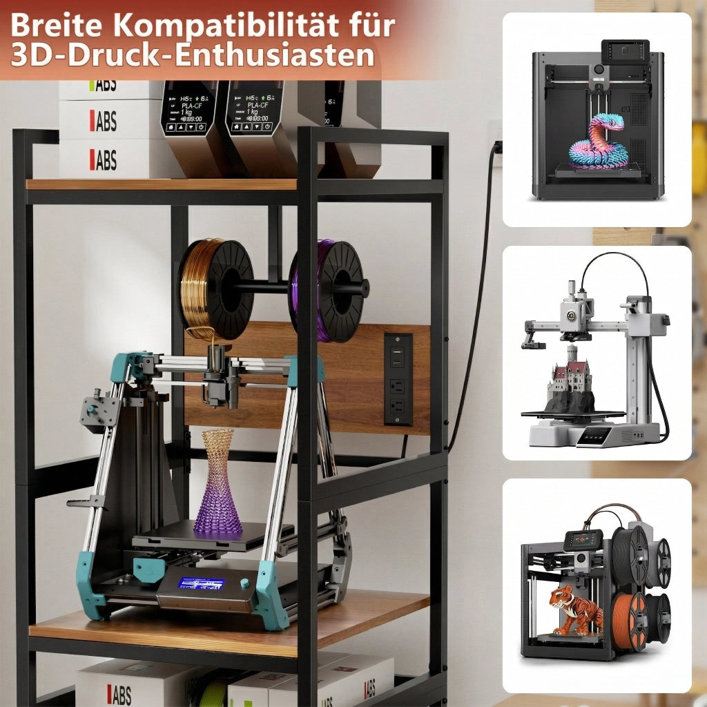 Mobile contenitore per stampante 3D con porta filamento a T e ripiani in metallo, per officina e casa, nero 67.5 × 67.5 × 26.0 cm