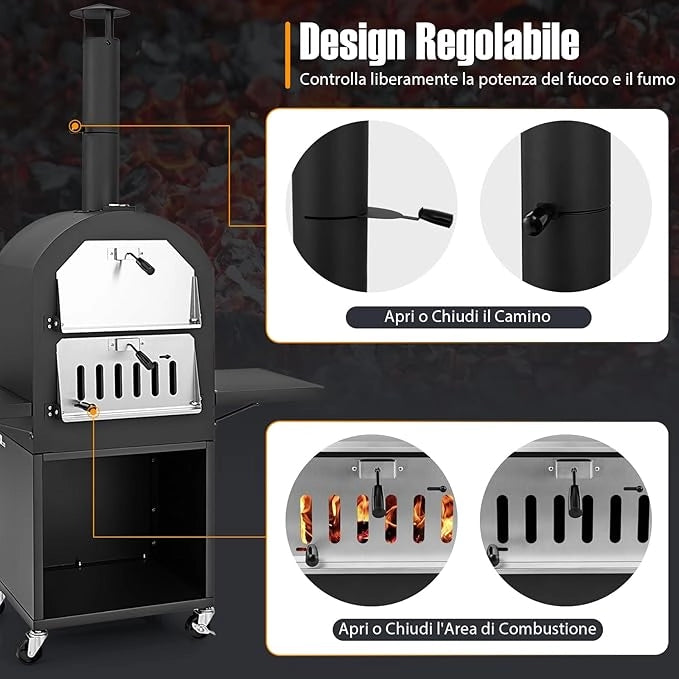 Forno per Pizza da Esterno con Ruote, Forno a Legna per Pizza con Copertura Protettiva, Pala per Pizza, Griglie e Termometro Integrato, per BBQ, Campeggio, Festa [Classe di efficienza energetica A+]
