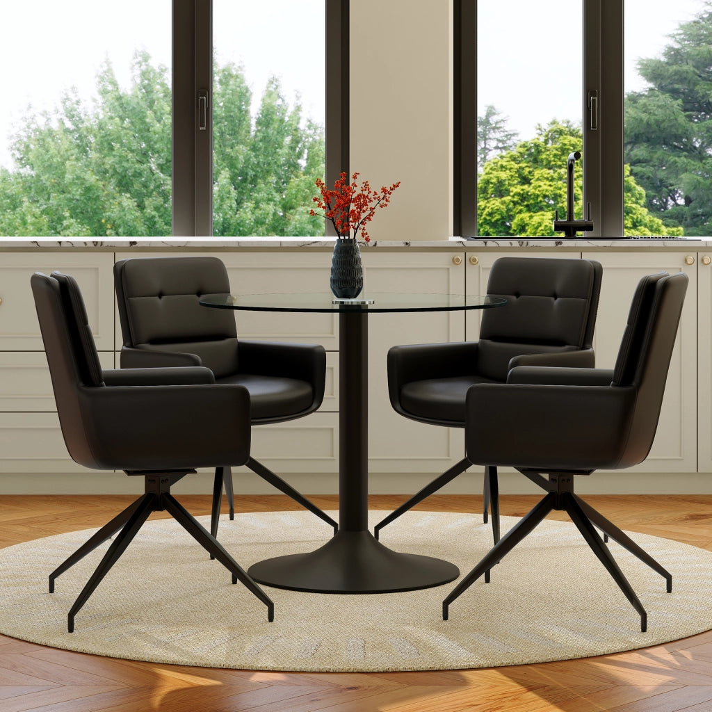 Set da pranzo con tavolo rotondo in vetro temperato e metallo; nero e trasparente