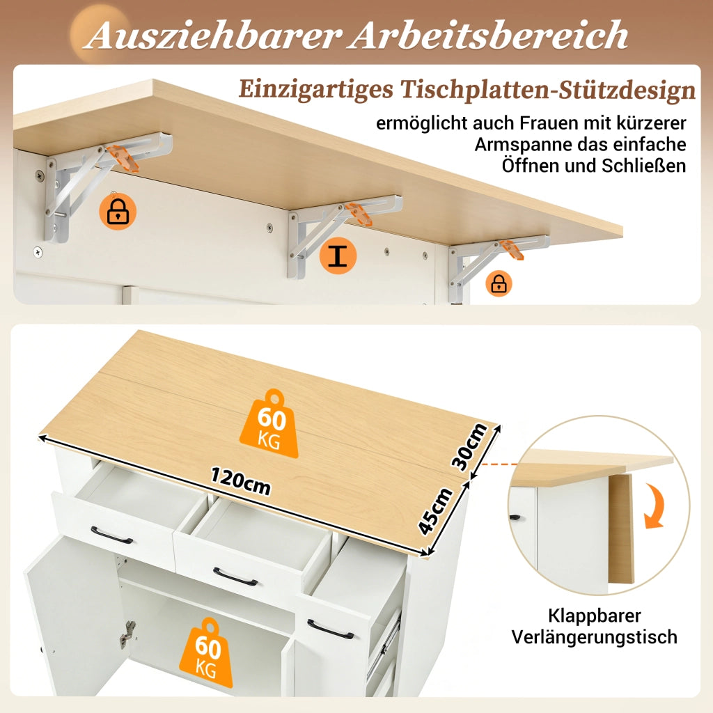 Mobile contenitore con ripiani regolabili; prese e USB per cucina e sala da pranzo in pannello truciolare 120×45-75×96 cm bianco