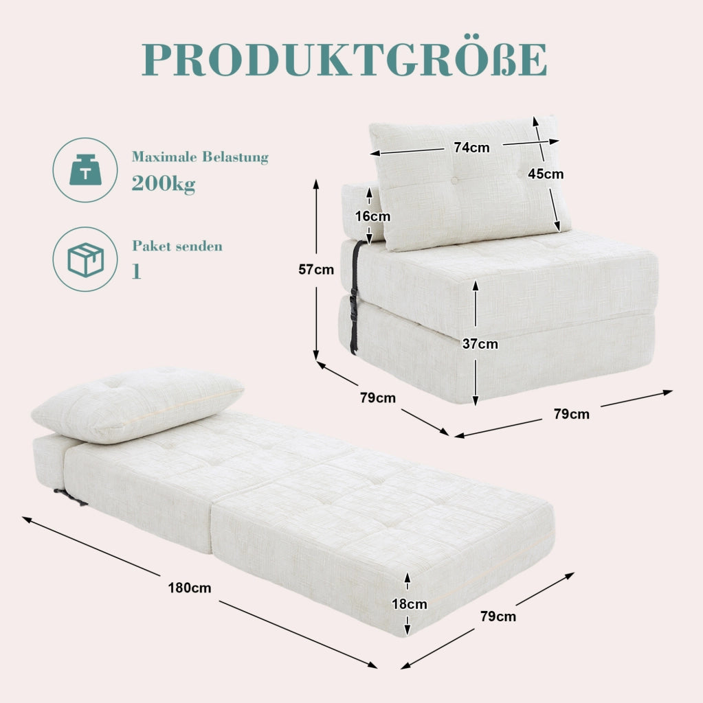 Divano letto pieghevole in ciniglia beige con cuscini; 79 x 180 cm