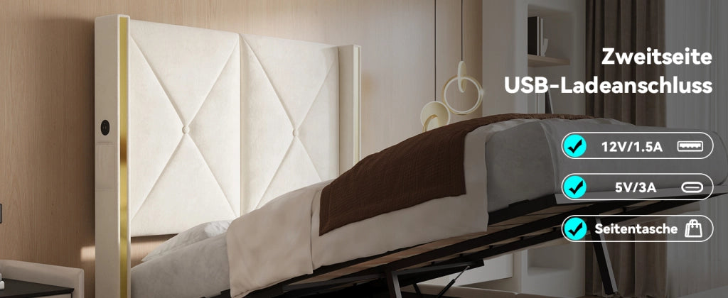 DESMIU Letto contenitore 90 × 200 cm 1 posto con tasche, USB e Type-C, LED, senza materasso, in velluto, beige