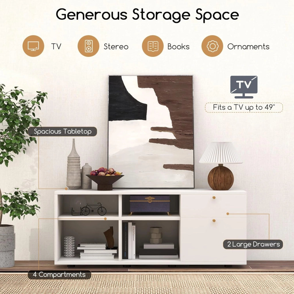 Mobile Contenitore, Mobile TV Moderno per TV da 49” con 4 Scomparti Aperti e 2 Cassetti, Consolle Multimediale, Organizzatore Salvaspazio per Soggiorno Ufficio Camera da Letto, Bianco