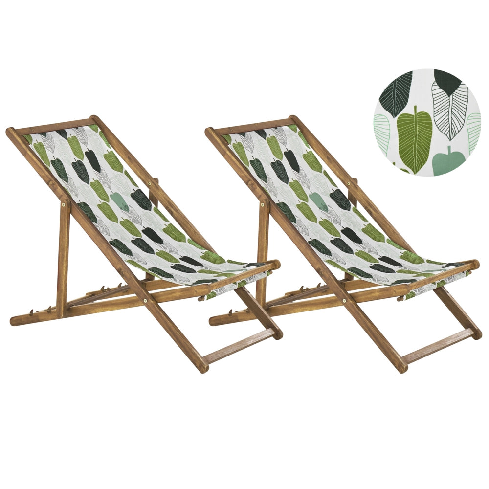Set di 2 sedie a sdraio da giardino con struttura in legno di acacia chiaro con motivo floreale in tessuto amaca sedile reclinabile