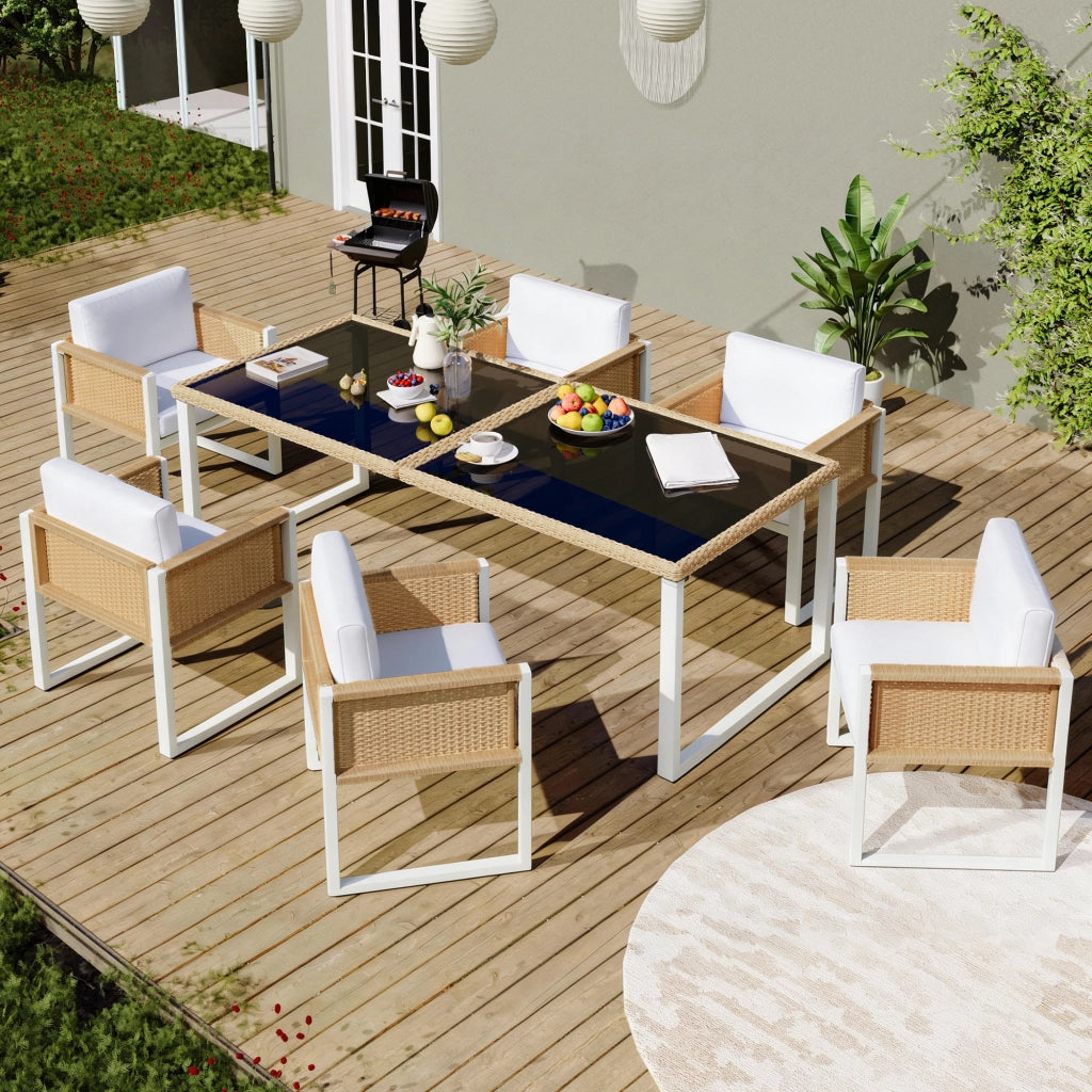 Set tavolo e sedie da esterno 1 tavolo + 6 sedie con cuscini in rattan sintetico; vetro e tessuto marrone e bianco