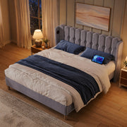 DESMIU Letto Matrimoniale 140 × 200 cm con USB, Tipo C e Testiera Imbottita, senza Materasso, in Lino Grigio