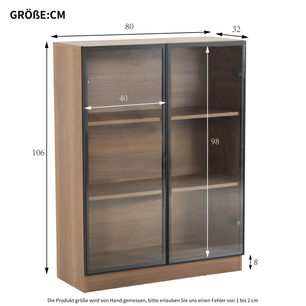 Vetrina in vetro con LED 80x30x106 cm; effetto noce naturale; con ante in alluminio