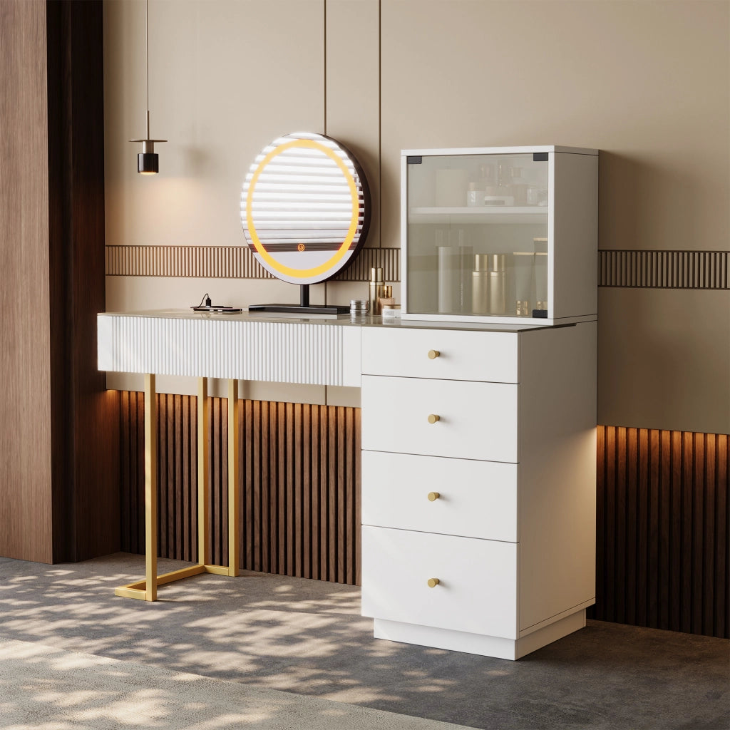 Set toeletta moderno con specchio LED, 5 cassetti, armadietto con anta in vetro e piano in vetro temperato, bianco, 120 x 40 x 120 cm