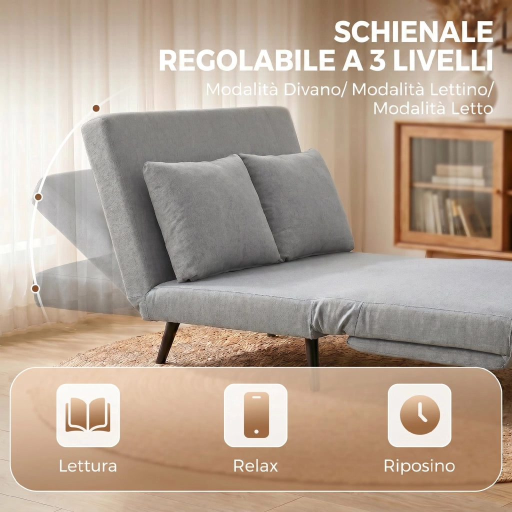 Divano Letto 2 Posti 135x90x78 cm con 2 Cuscini Struttura in Legno e Acciaio in Tessuto Effetto Lino Grigio Chiaro