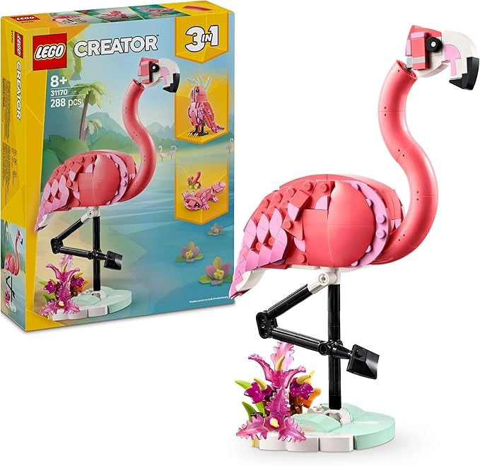 LEGO Creator 3 in 1 Animali Selvatici: Fenicottero Rosa Giocattolo - Si Trasforma in Pappagallo Cacatua o Axolotl,Eta 8+