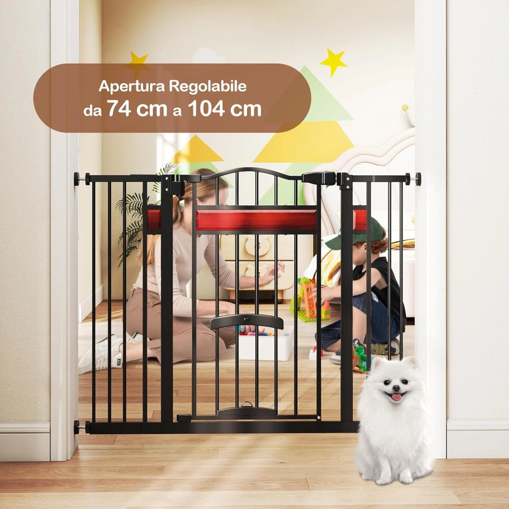 Cancello per Cani per Aperture da 74 a 104 cm, Recinto Espandibile con 2 Prolunghe, Installazione Senza Fori con Supporti, Doppia Chiusura, Cancello Metallico per Scala e Ingresso (Nero)