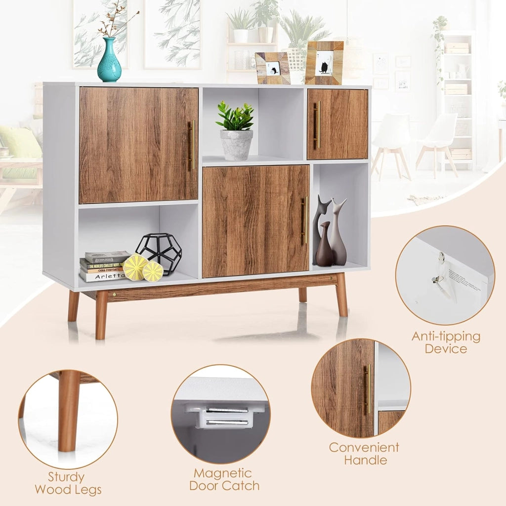 Armadio in legno, credenza per soggiorno, a buffet, 6 scomparti e 3 ante, mobile laterale, moderno, indipendente (bianco + naturale)