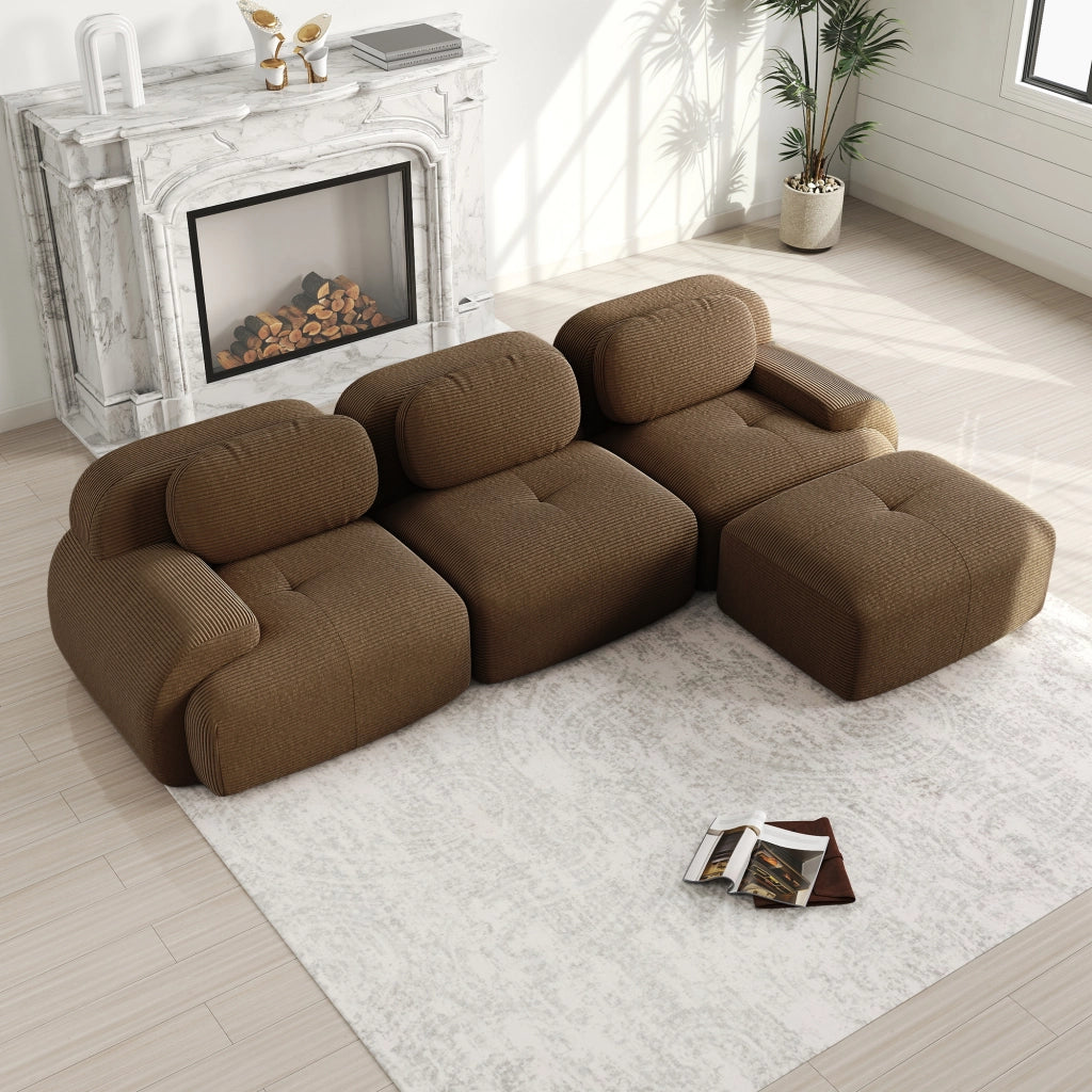 Divano Angolare Modulare ¨C MINIMAL ¨C Tessuto a Coste, Braccioli Larghi, Marrone
