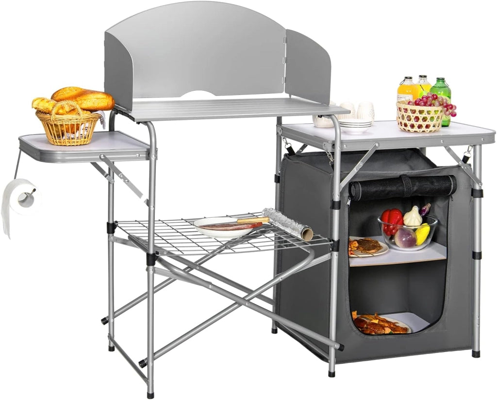 Tavolo da Campeggio all'Aperto con Portaoggetti, Borsa di Stoccaggio per il Trasporto, Tavolo da Griglia Pieghevole e Portatile per Feste BBQ, Campeggio, Grigio