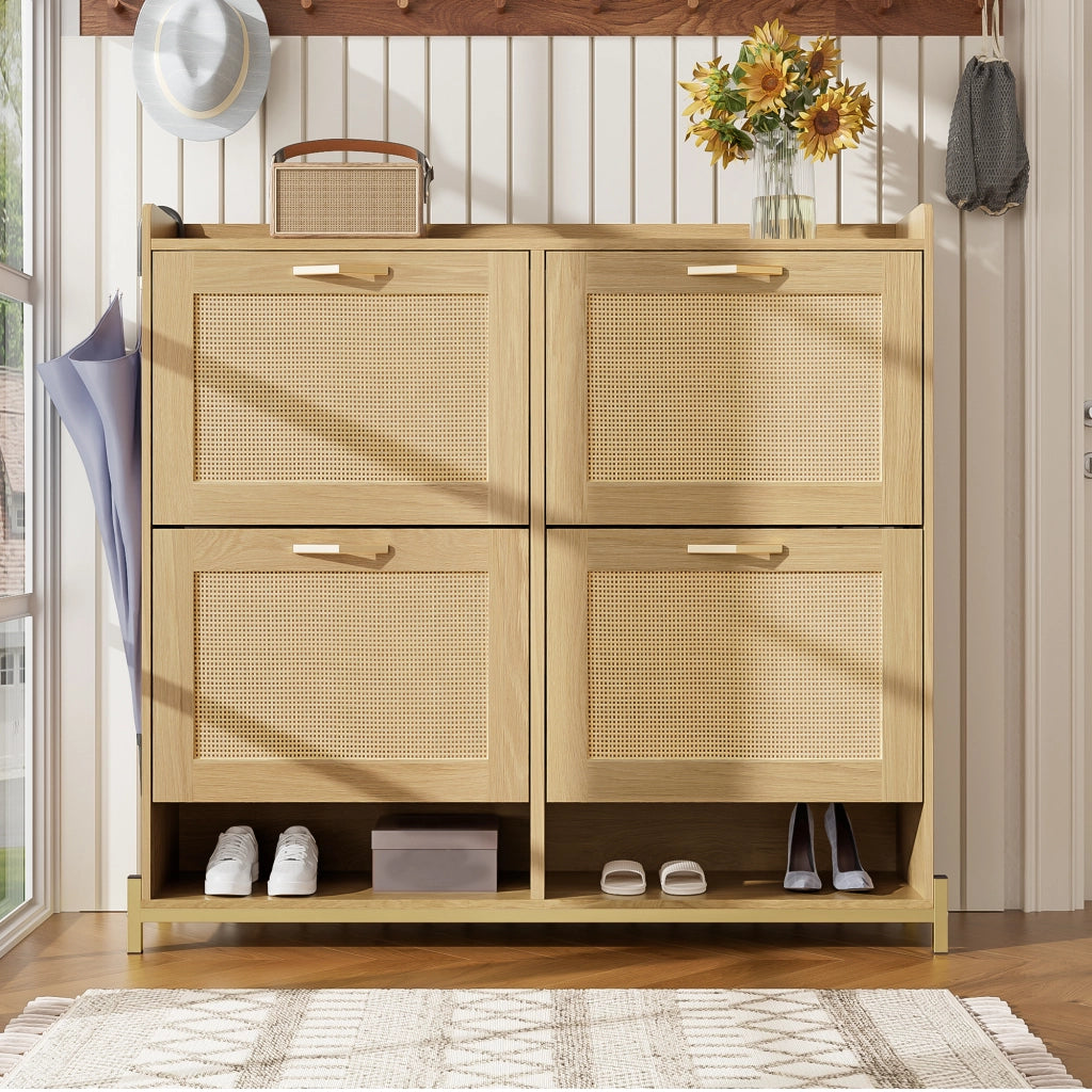 Scarpiera con 4 Ante e Ripiano Superiore; Salvaspazio; Stile Naturale; in MDF; 108;5×24×100 cm; Rovere Chiaro