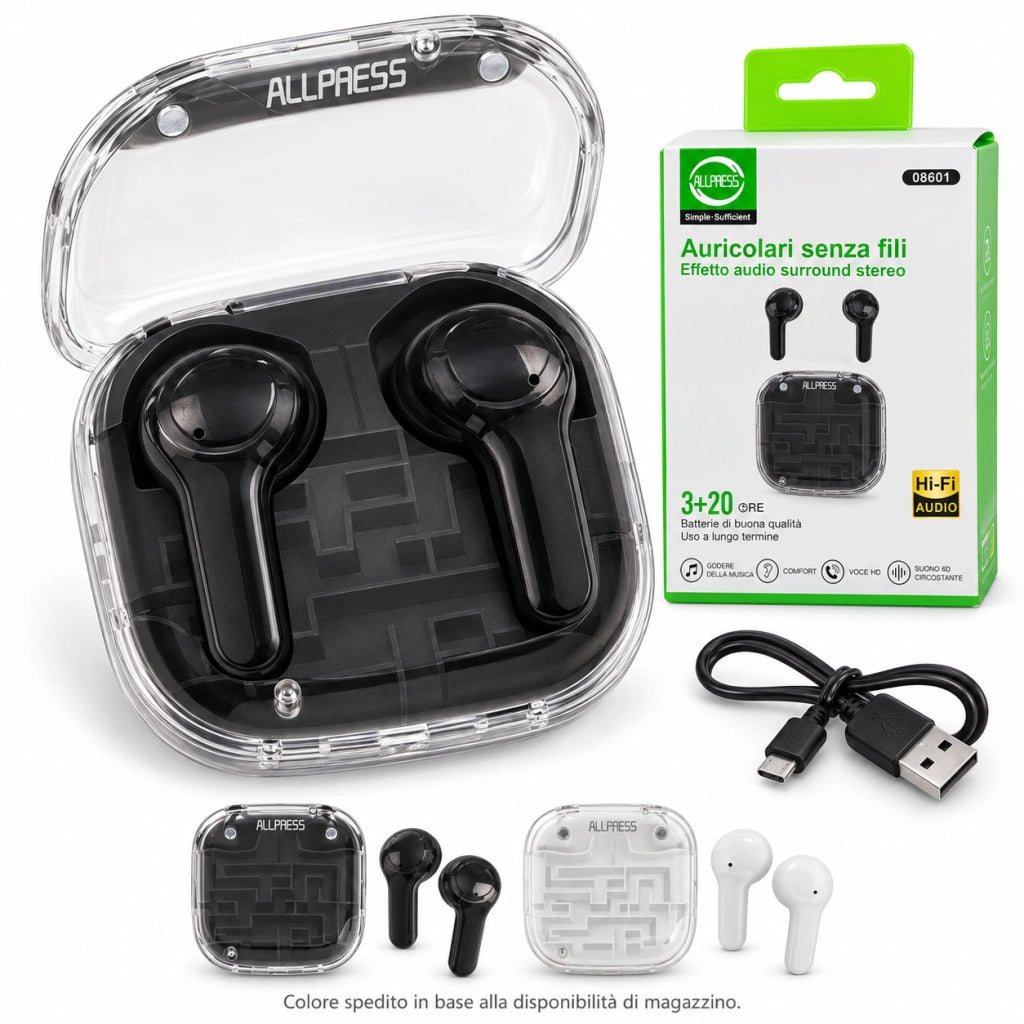 AURICOLARI SENZA FILI HI-FI STEREO 6D CUSTODIA RICARICA USB TWS SPORT AS 08601