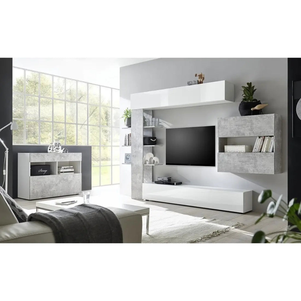 Set di mobili da soggiorno con contenitori, collezione VASCO, bianco lucido/grigio effetto cemento
