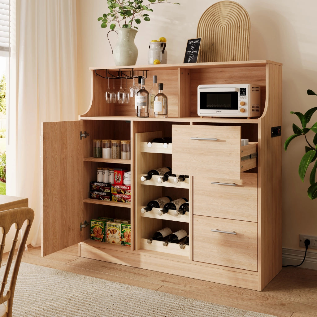 Mobile bar con LED, presa elettrica e portabicchieri, per cucina e soggiorno, in MDF naturale e bianco 120 × 40 × 121 cm