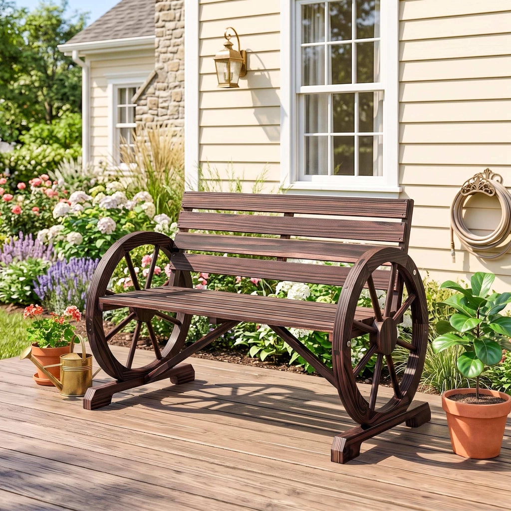 Panchina da Giardino da 2 Posti con Braccioli a Ruota, Panchina da Esterno a Doghe in Legno di Abete, Stile Country, 105.5x59x75 cm, Marrone