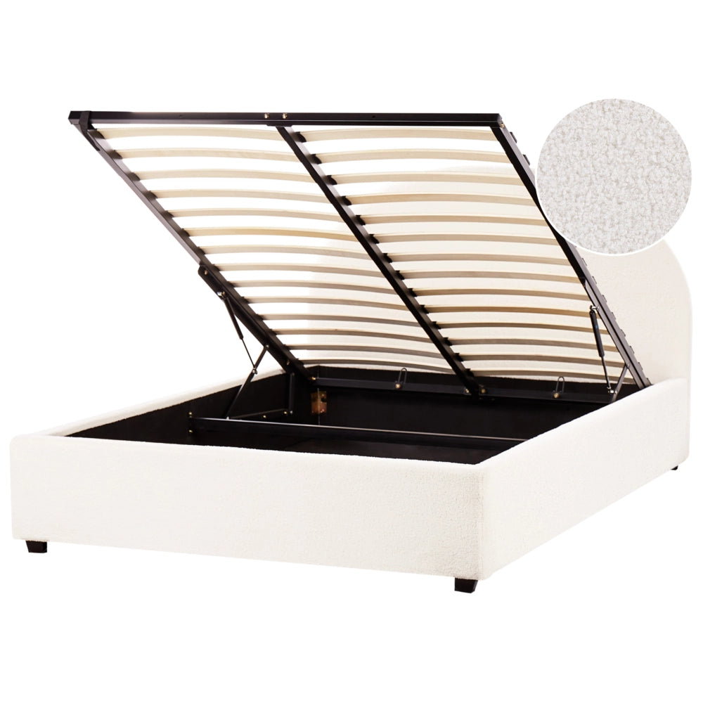 Letto contenitore matrimoniale imbottito tessuto bianco sporco retrò minimalista 140 x 200