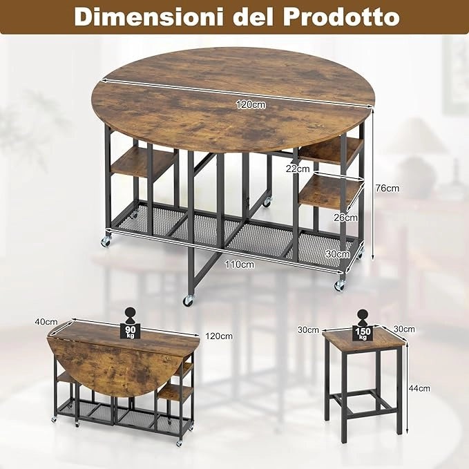 Set da Pranzo Pieghevole a 3 Pezzi, Tavolo da Cucina Rotondo con Ampio Piano e 2 Sgabelli, Scaffali e 6 Ruote Universali, Tavolo da Pranzo per Soggiorno, Sala da Pranzo e Cucina