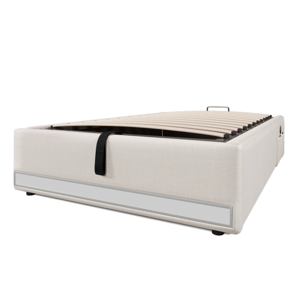 Letto imbottito 90x200 cm con LED; USB e Tipo-C; contenitore idraulico in lino beige