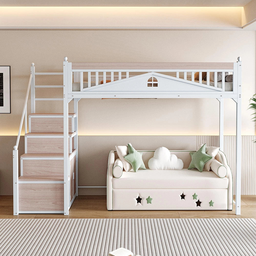 Letto a soppalco per bambini - Xylo - 90x200 cm - Bianco - Scala intercambiabile sinistra/destra con casiers di sicurezza