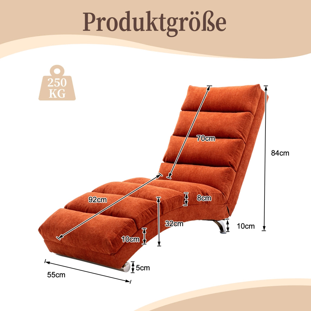 Chaise Longue Massaggiante Fissa 140° con Vibrazione Delicata e Tasca Laterale; Supporto Totale in Lino Arancione