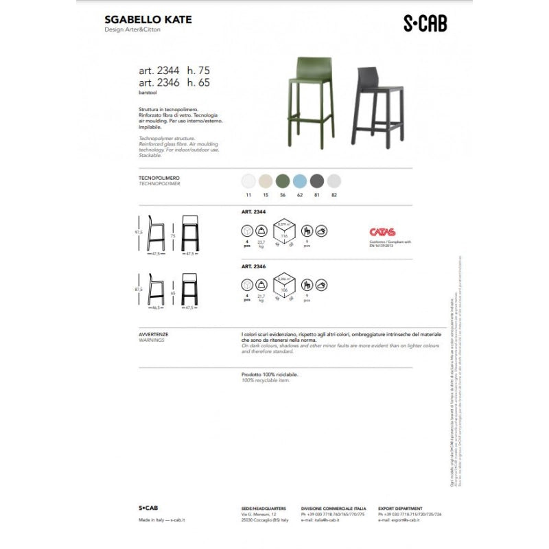 SET 4 SGABELLI KATE TECNOPOLIMERO HT 65CM MADE IN ITALY SCAB DESIGN - Lino 11