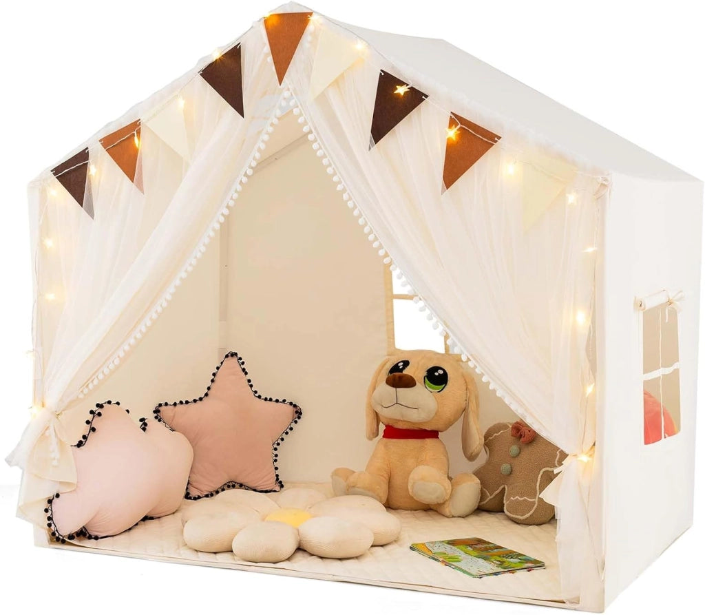 Tenda da Gioco per Bambini, Tenda Castello per 3-4 Bambini con Tende in Tessuto e Rete Luci a Stella e Finestre, Materassino in Cotone, per Bambini 3 Anni+, 146x96x133 cm (Beige)