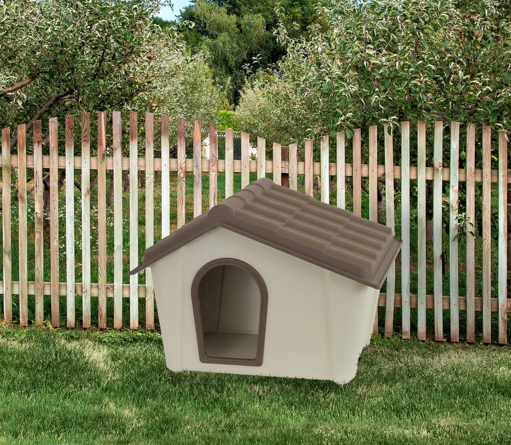 Cuccia in polipropilene da esterno o Avalon, Casetta per cani o gatti, 100% Made in Italy, cm 98x78h75, colore Beige