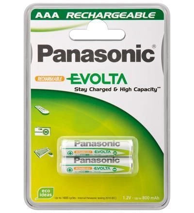 Panasonic P-03E-2BC750 Evolta Batterie Ricaricabili AAA Mini Stilo NiMH 750 mAh 1,2 V 1600 cicli 2 pz colore Verde Bianco