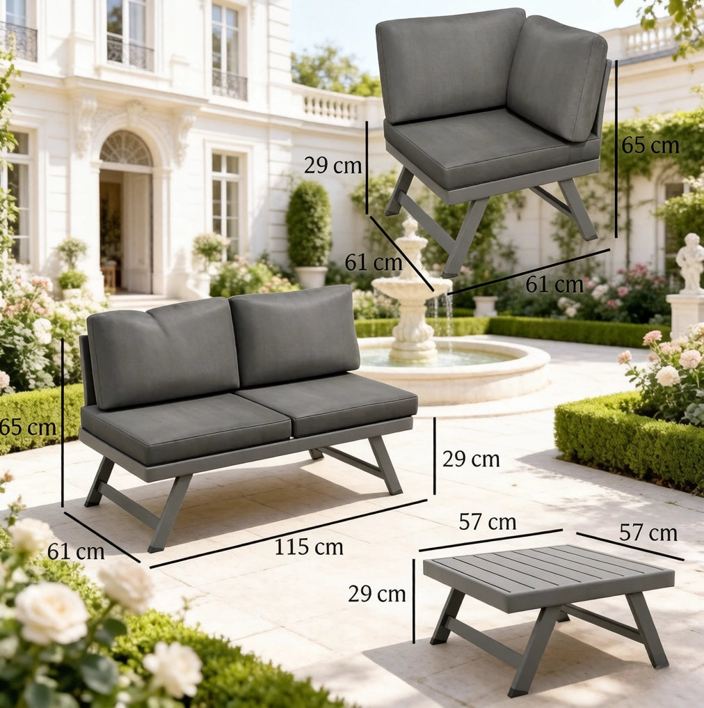Set Divano Angolare da Giardino 5 Posti in Acciaio e Alluminio con Cuscini Grigi