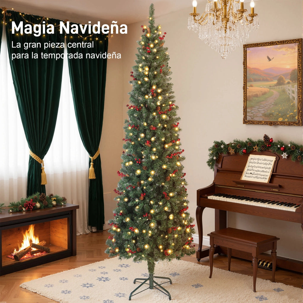 Albero di Natale Artificiale 230 cm con Luci LED 761 Rami Pigne Bacche e Base ¨C Xylo ¨C Verde