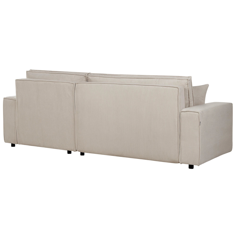 Divano angolare sinistro imbottito in velluto a coste beige con funzione di dormiente e schienale imbottito estraibile