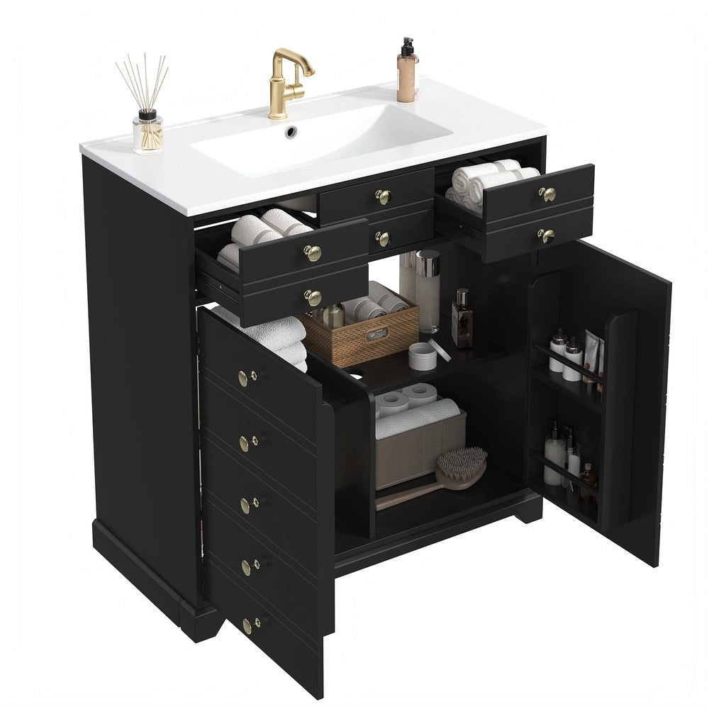 Mobile da Bagno con Lavabo in Ceramica, Cassetti e Ante ¨C Xylo ¨C Nero e Oro