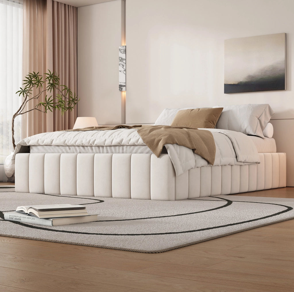 Letto imbottito 140 x 200 cm in velluto beige con 4 cassetti e rete a doghe
