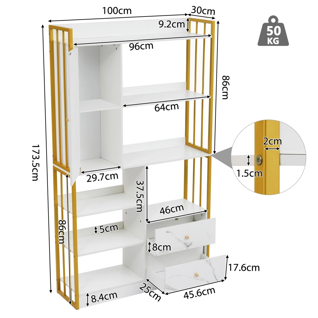 Libreria con ripiani aperti; cassetti e armadietti 100 x 30 x 173;5 cm; bianca e oro