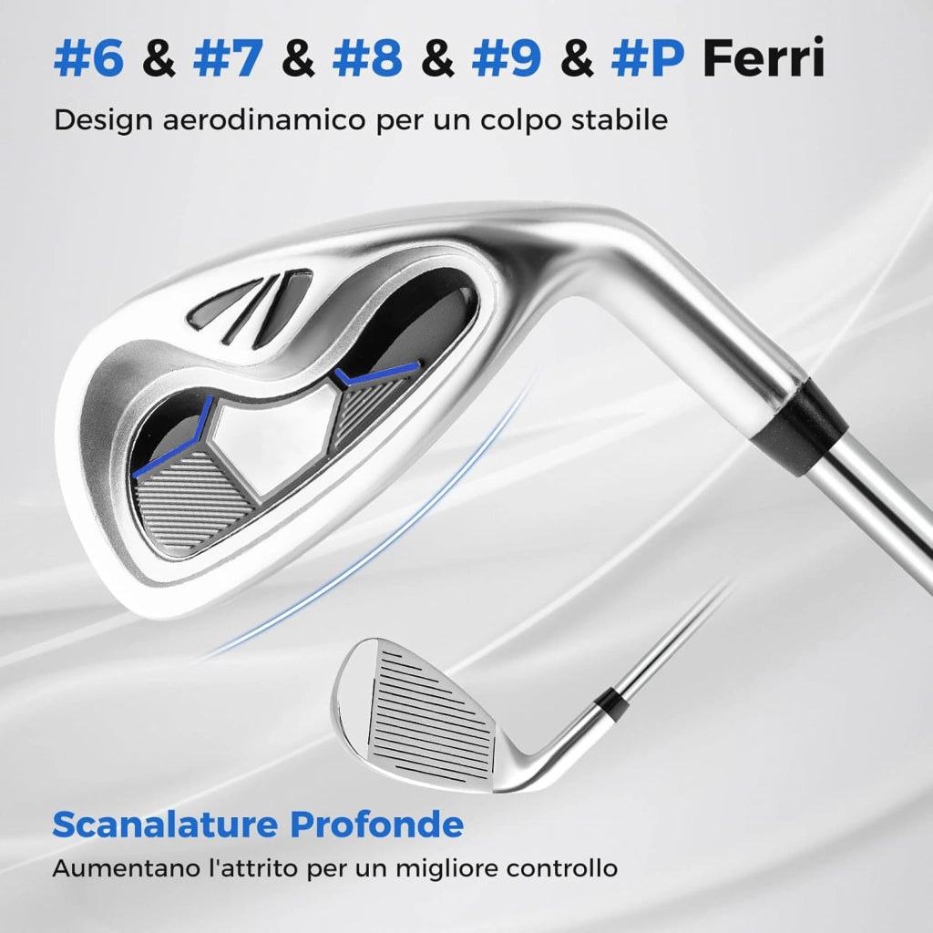 Set Completo di Mazze da Golf per Destri da Uomo, con Driver da 460 cc, Legno da Fairway 3, Ibrido 4, Ferri 6 7 8 9, P, Putter e Borsa per mazze da golf