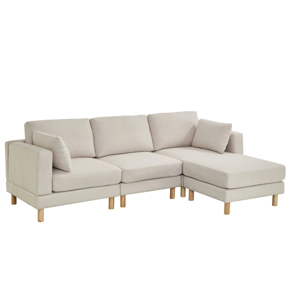 Divano Angolare 3 Posti con Poggiapiedi ¨C Xylo ¨C Beige, Tessuto Poliestere, Gambe in Legno Massello, 235x152x78 cm