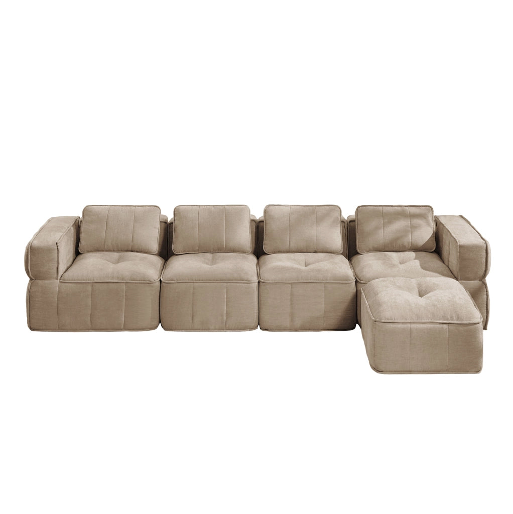 Divano modulare angolare con pouf 344x162x67 cm in poliestere; color sabbia