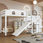Letto a castello 90x200 cm con scivolo e scala contenitore in legno e MDF bianco