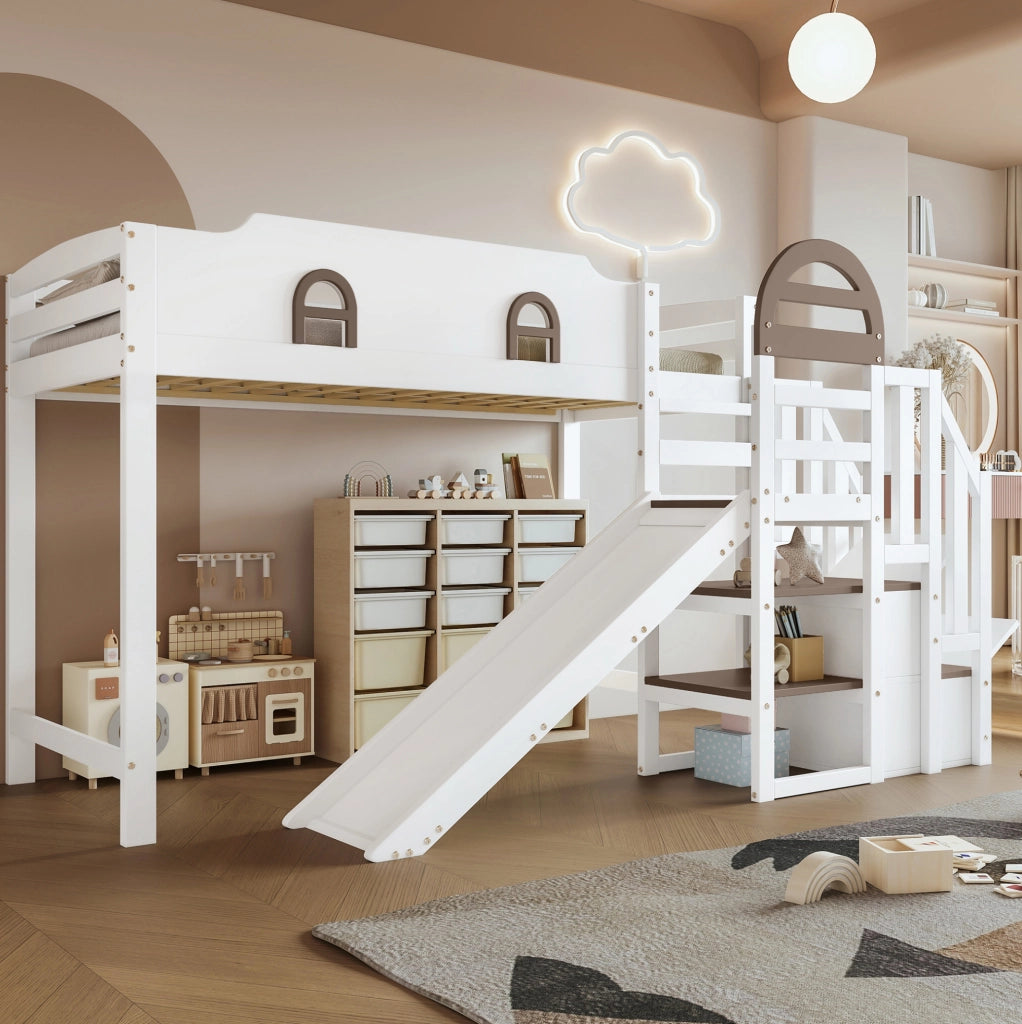 Letto a castello 90x200 cm con scivolo e scala contenitore in legno e MDF bianco