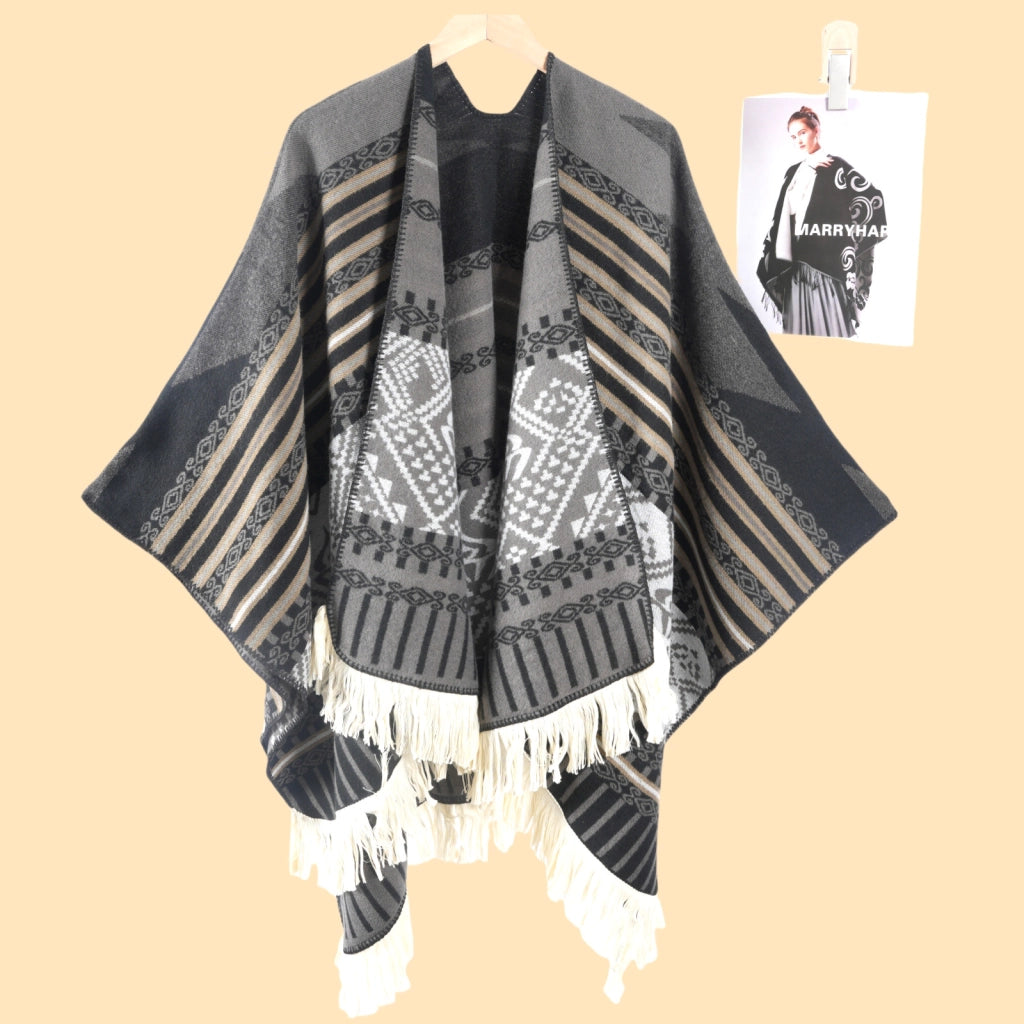 Sciarpa da viaggio da donna in stile vintage con frange, mantello esterno, cappa
