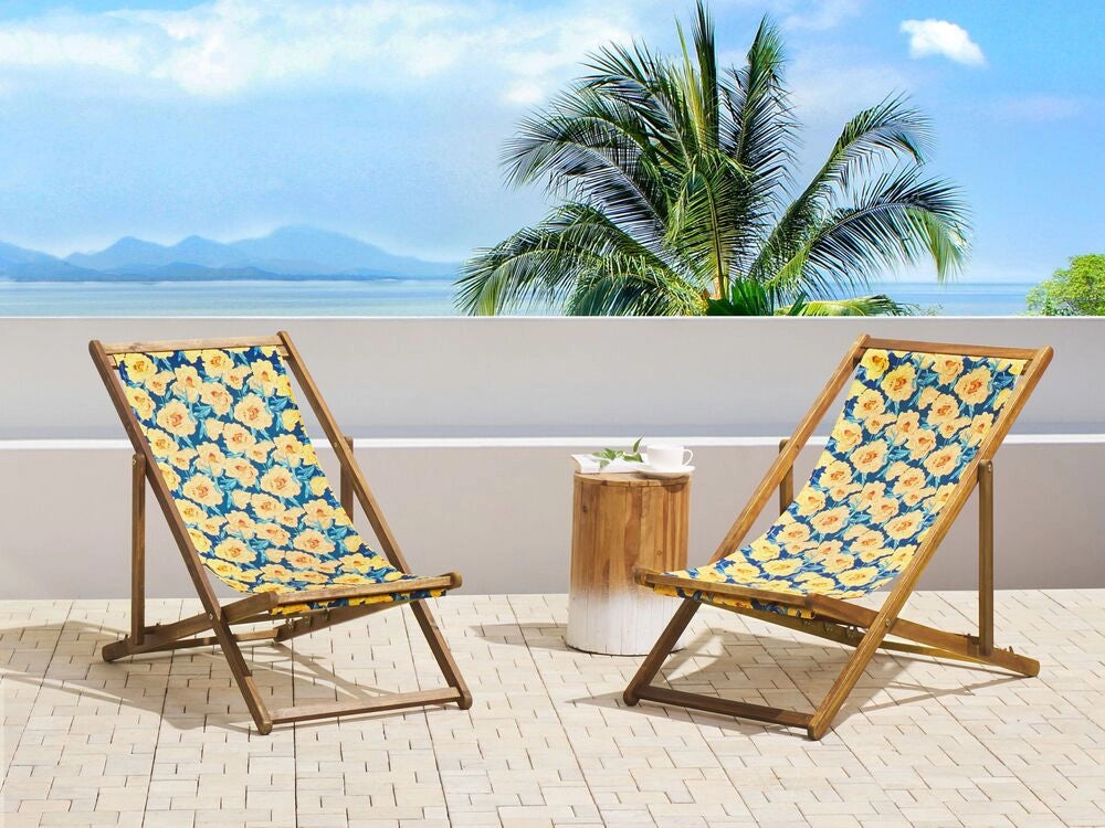 Set di 2 sedie a sdraio da giardino con struttura in legno di acacia chiaro con motivo floreale in tessuto amaca sedile reclinabile
